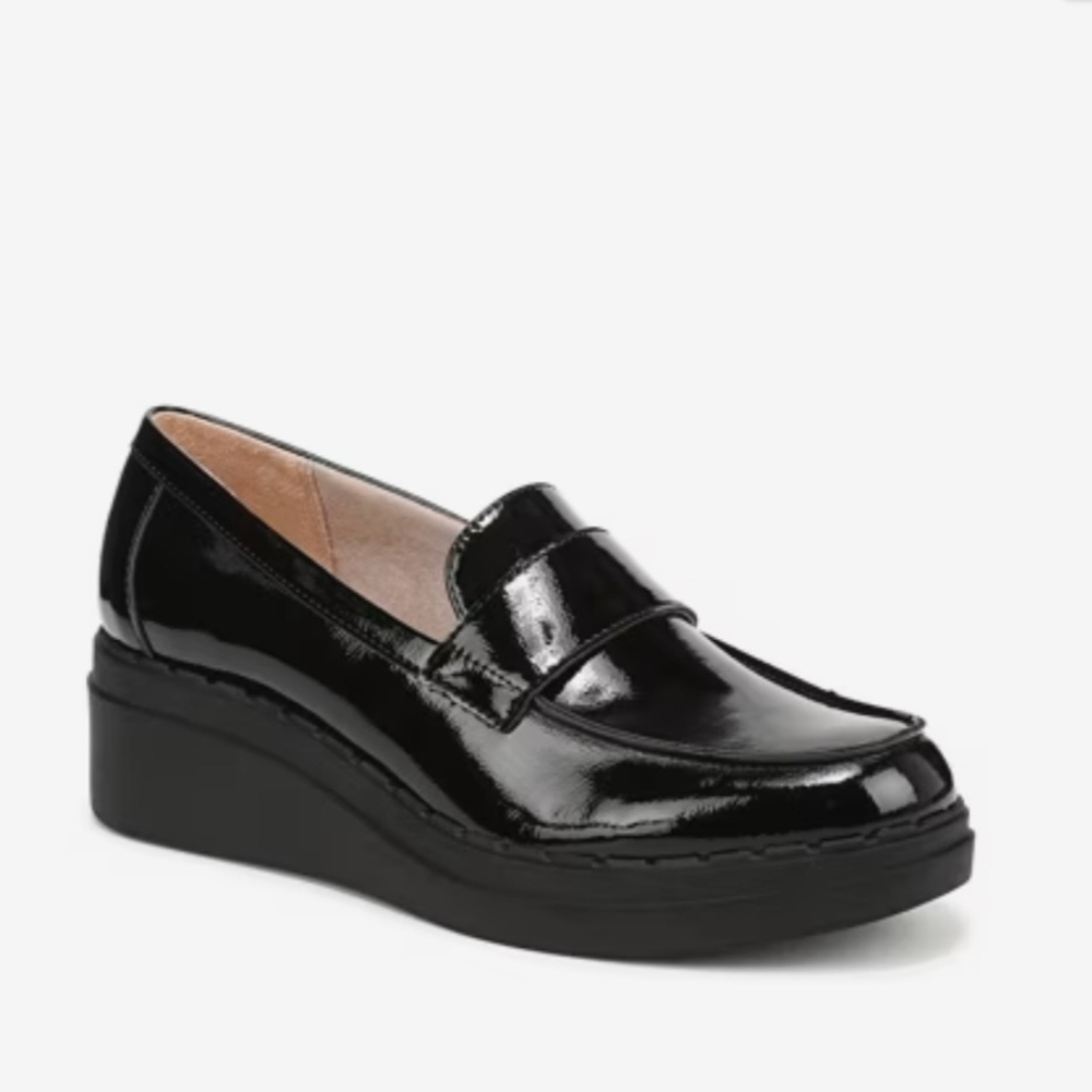Life Stride Dolce Patent Faux Leather Women's Chunky Black Loafers Size 9W NWT